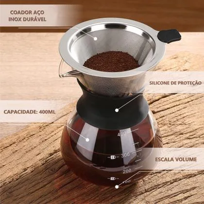 Cafeteira Em Vidro Passador De Café Com Filtro Em Inox 400ml