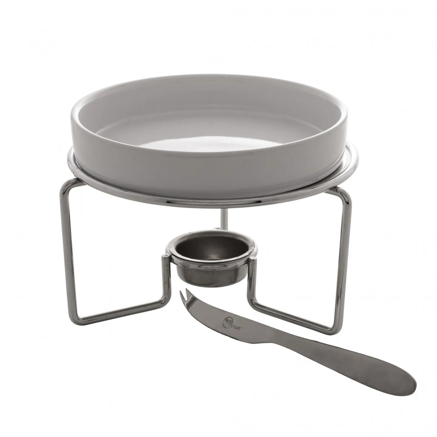Conjunto 3 Peças Rechaud de Cerâmica para Queijo Brie com Faca Aço Inox e Base Niquelada - Wolff