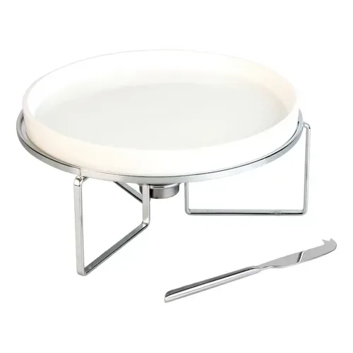 Conjunto 3 Peças Rechaud de Cerâmica para Queijo Brie com Faca Aço Inox e Base Niquelada - Wolff