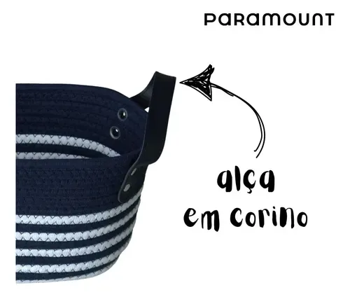 Cesto de Algodão 38x22x17 C/Alça Azul C/ Listras Brancas - Paramount