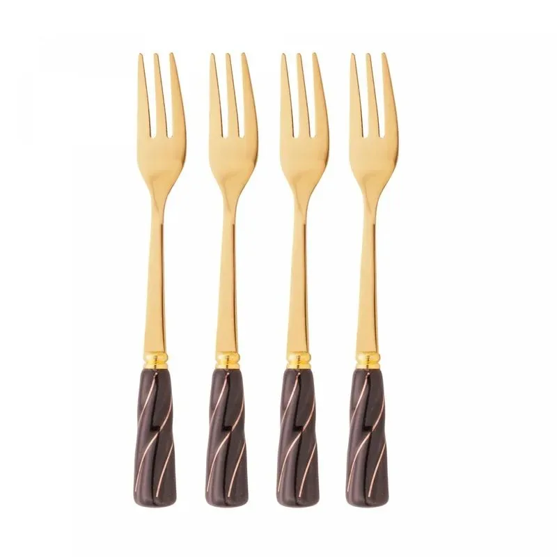 Conjunto de 4 Garfos para Aperitivo de Aço Inox Dourado com Cabo de Cerâmica Preto Wolff