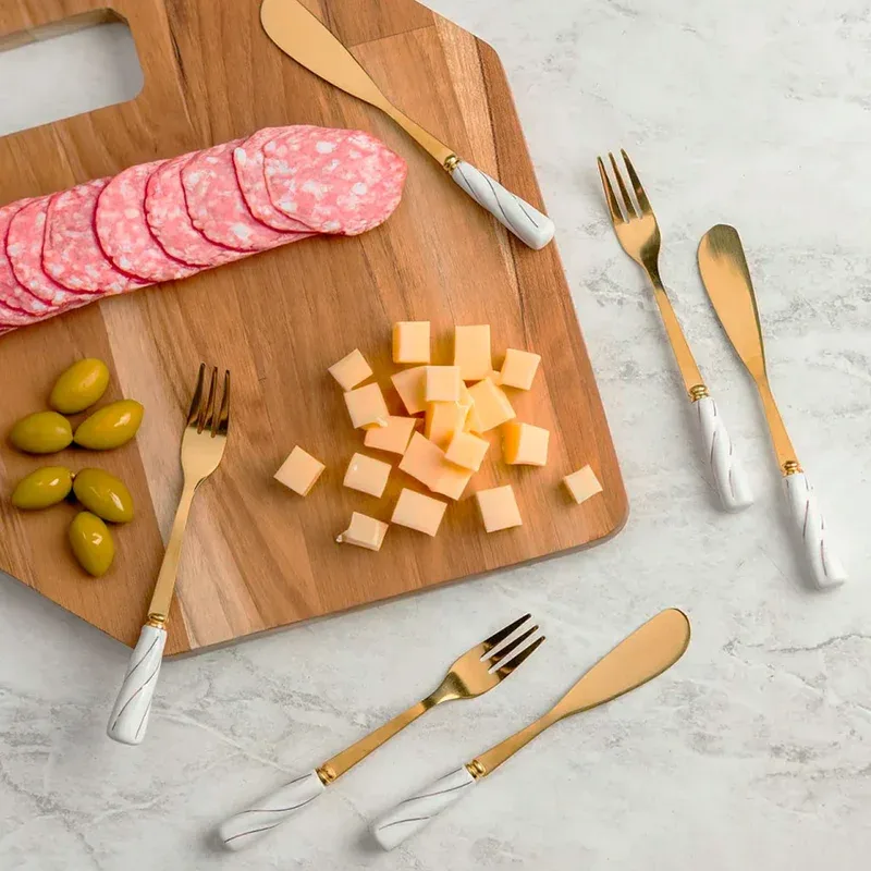 Conjunto para Aperitivo de Aço Inox Dourado com Cabo de Cerâmica Branco, Wolff
