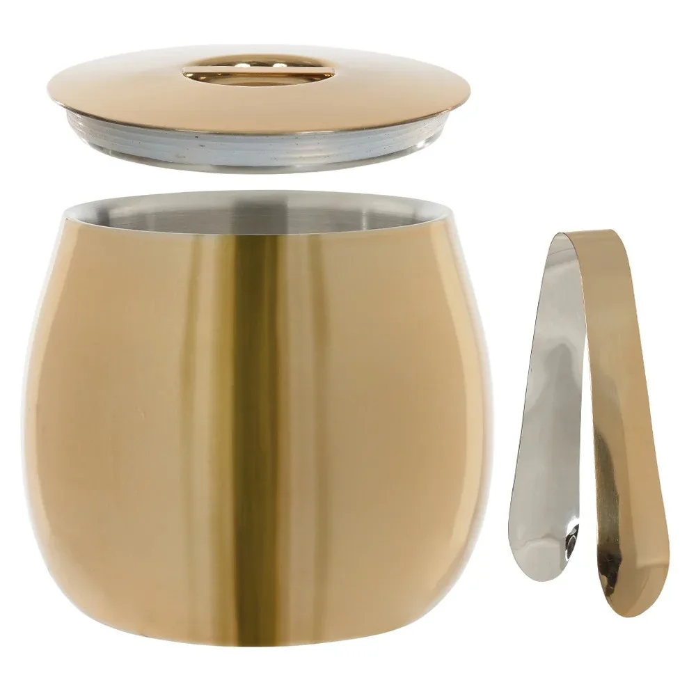 Balde de Gelo Aço Inox dourado com tampa e pegador
