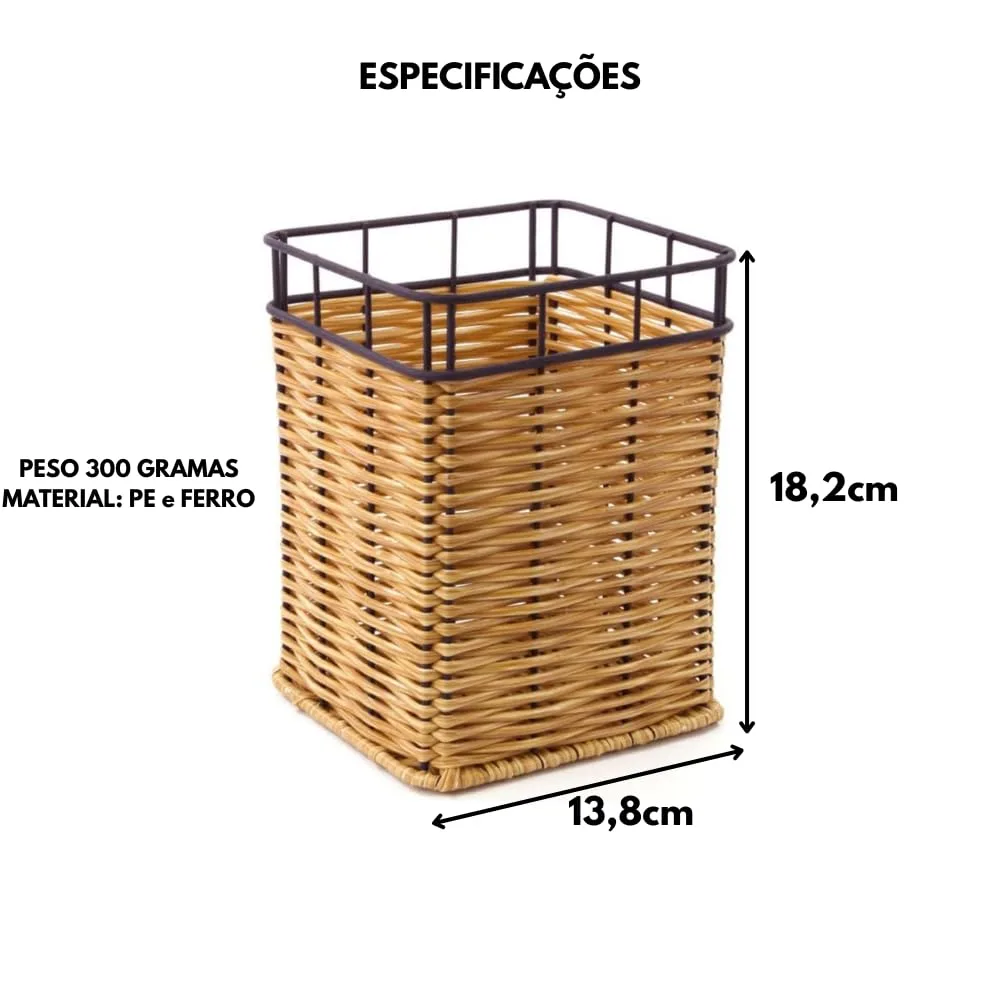 Porta Utensílios em Rattan e Ferro - Organizador de Talheres e Cozinha