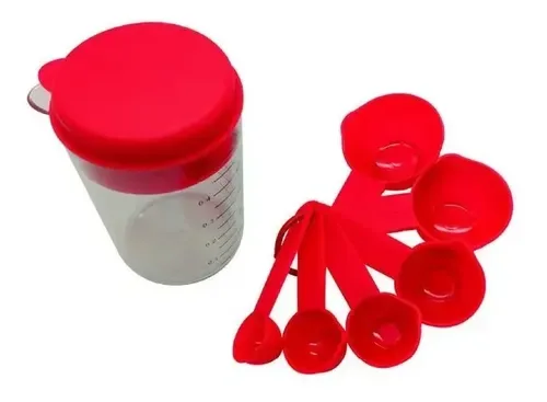 Conjunto Colheres e Copo Medidor  7 Peças Vermelho