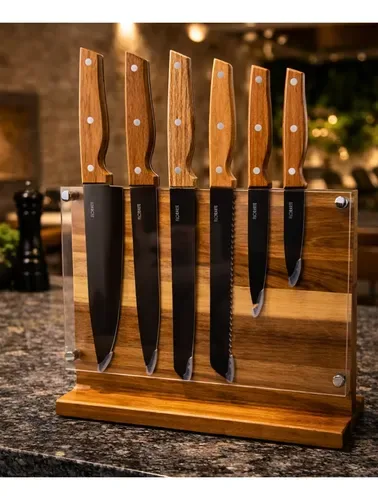 Jogo De 6 Facas Aço Inox Com Suporte Madeira Acácia Premium