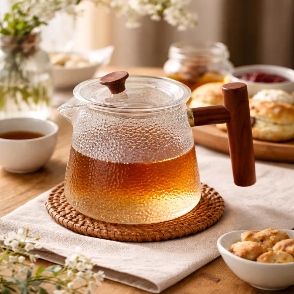 Chaleira de Vidro Borossilicato Resistente ao Calor Martelado com Alça de Bambu 750ml