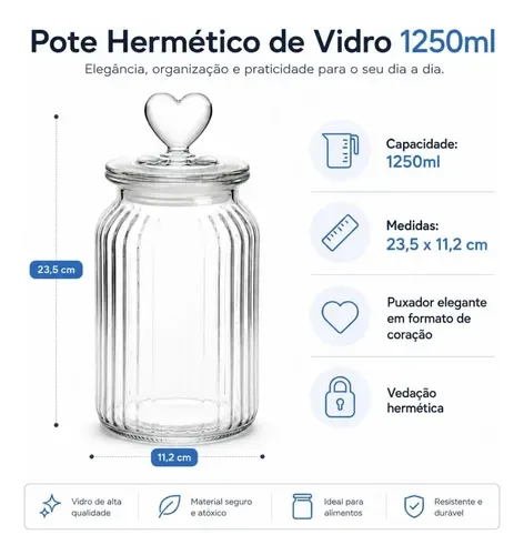 Pote De Vidro Hermético Puxador Coração 1250ml