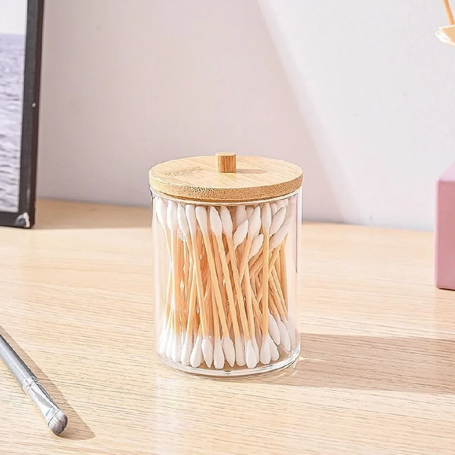 Porta Algodão E Cotonete Em Acrílico Com Tampa De Bambu