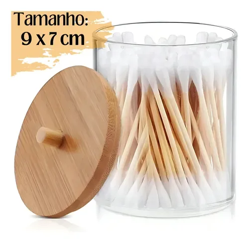 Porta Algodão E Cotonete Em Acrílico Com Tampa De Bambu