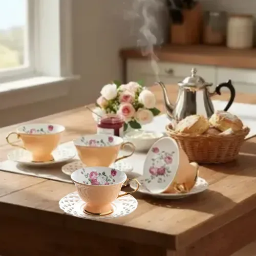 Jogo de 8 peças para chá Mon Désir em new bone china com borda dourada 200ml
