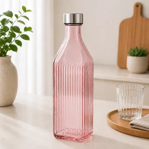 Garrafa De Vidro 1l Água Tampa Inox Colorida Canelada