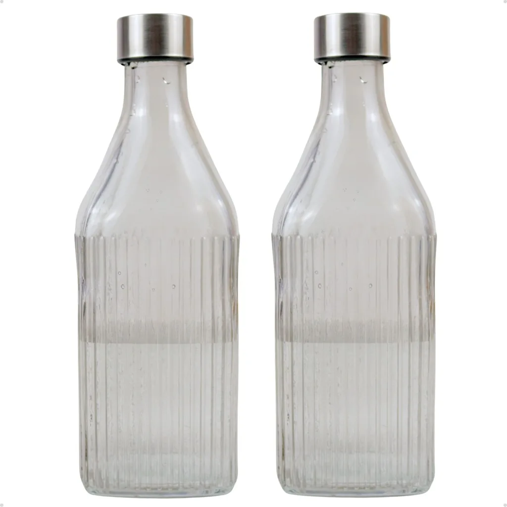 Garrafa De Vidro 1l Água Tampa Inox Colorida Canelada