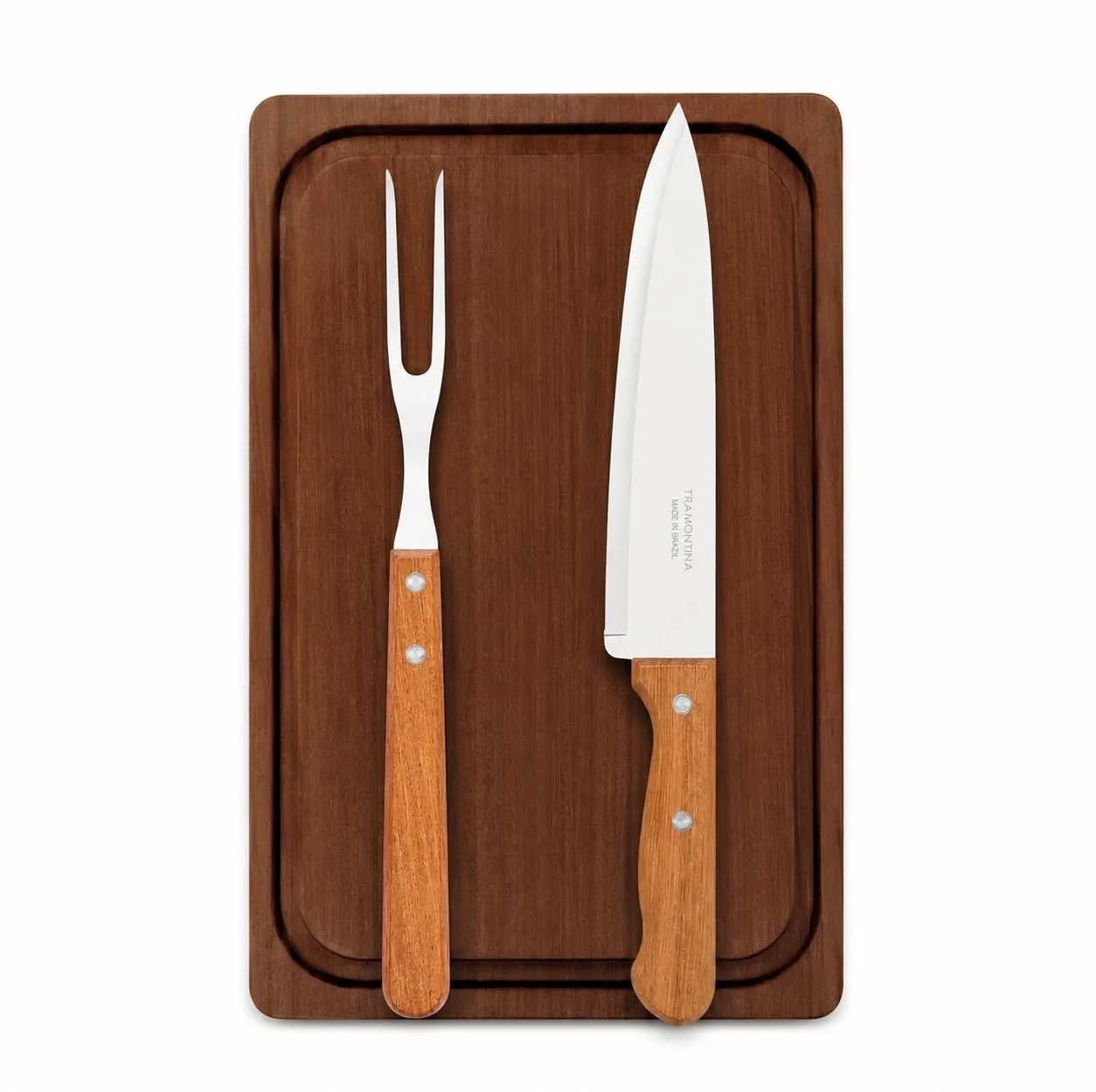 Kit para Churrasco 3 Peças com Tábua em Madeira Natural e Lâminas em Aço Inox Tramontina