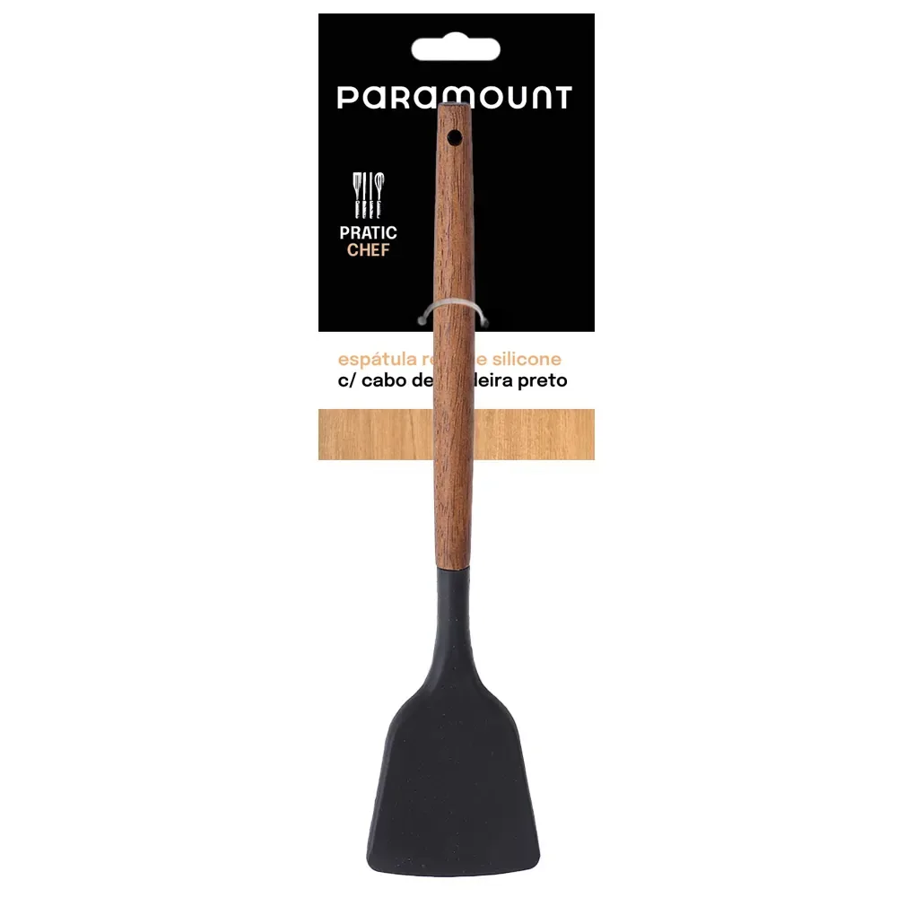 Espátula Reta Silicone Preto Cabo Madeira