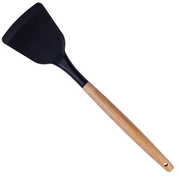 Espátula Reta Silicone Preto Cabo Madeira