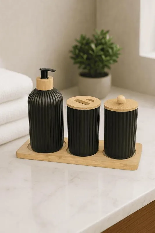 Jogo De Banheiro 4 Peças Vidro Base Bambu Preto