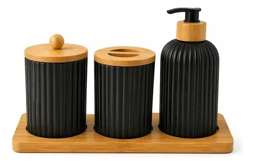 Jogo De Banheiro 4 Peças Vidro Base Bambu Preto