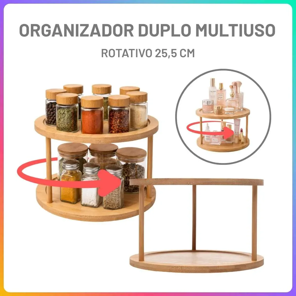 Organizador Giratório 2 Andares De Bambu 25,5cm Lyor
