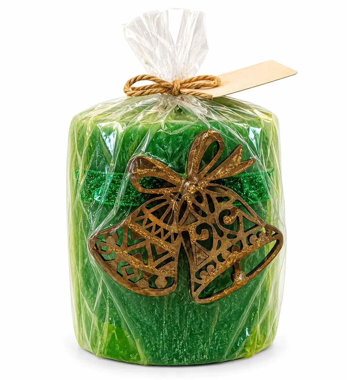 Vela Aromática Decorativa de Natal Cilindro Verde com Sinos Vazados